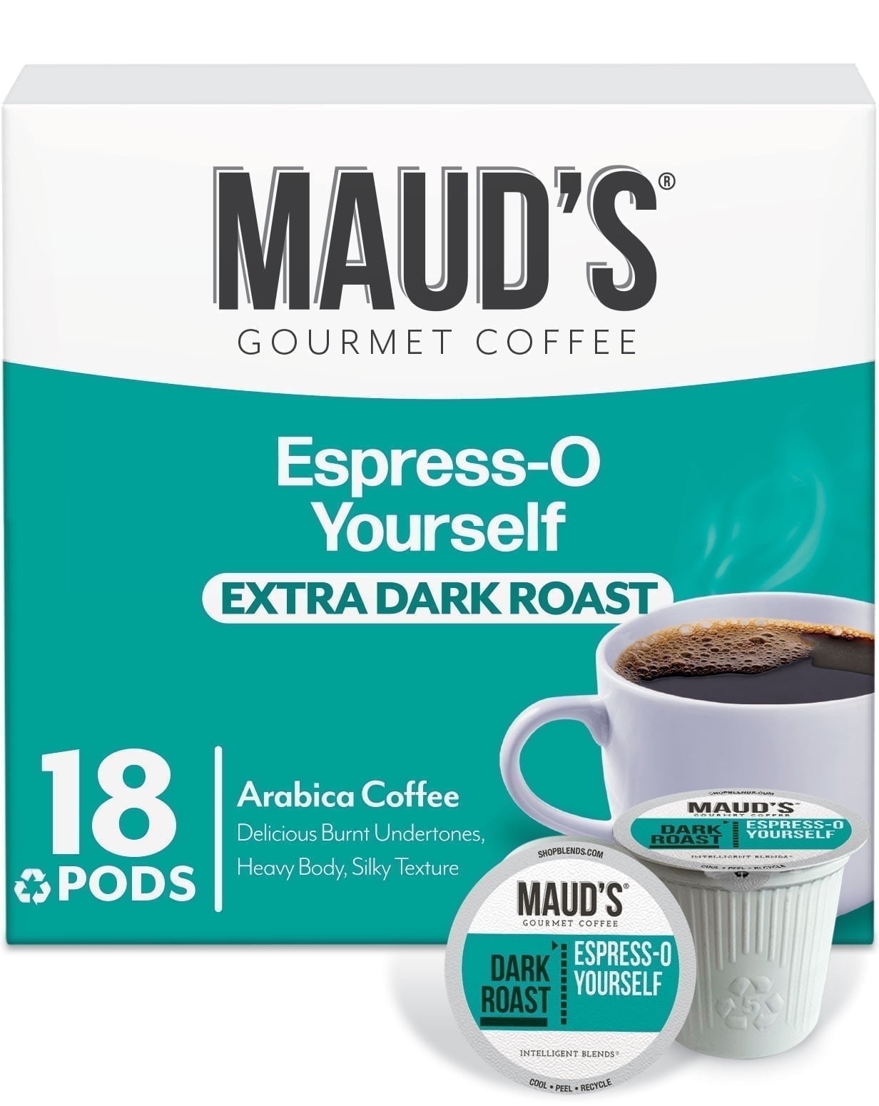 Maud's Espresso Roast Coffee Pods, 18 ct, Dark Roast Coffee in Recyclable Single Serve Pods 100% Arabica Coffee, Compatible with Keurig K Cups Maker