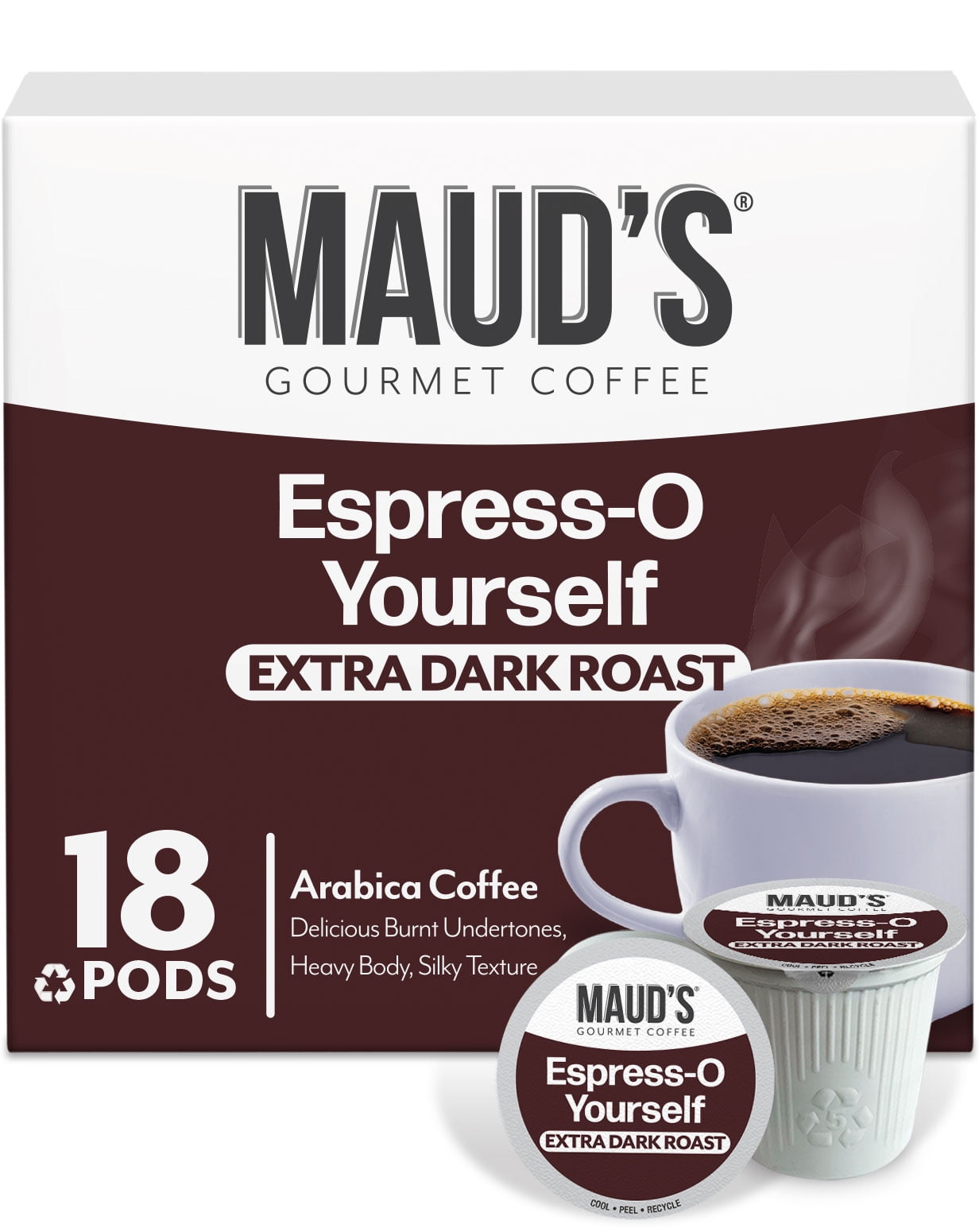Maud's Espresso Roast Coffee Pods, 18 ct, Dark Roast Coffee in Recyclable Single Serve Pods 100% Arabica Coffee, Compatible with Keurig K Cups Maker