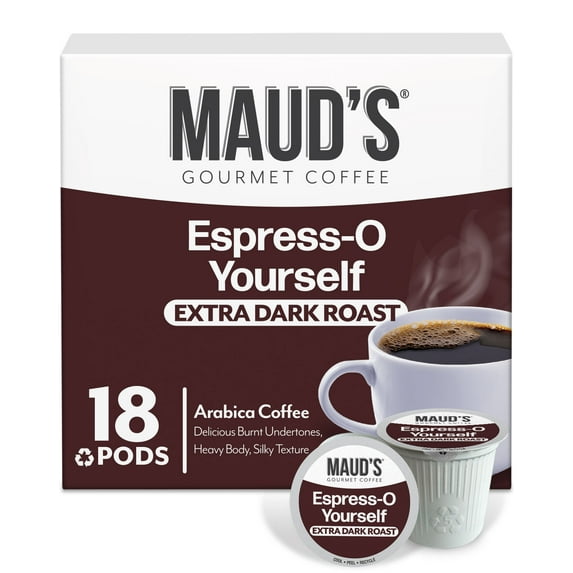 Maud's Espresso Roast Coffee Pods, 18 ct, Dark Roast Coffee in Recyclable Single Serve Pods – 100% Arabica Coffee, Compatible with Keurig K Cups Maker