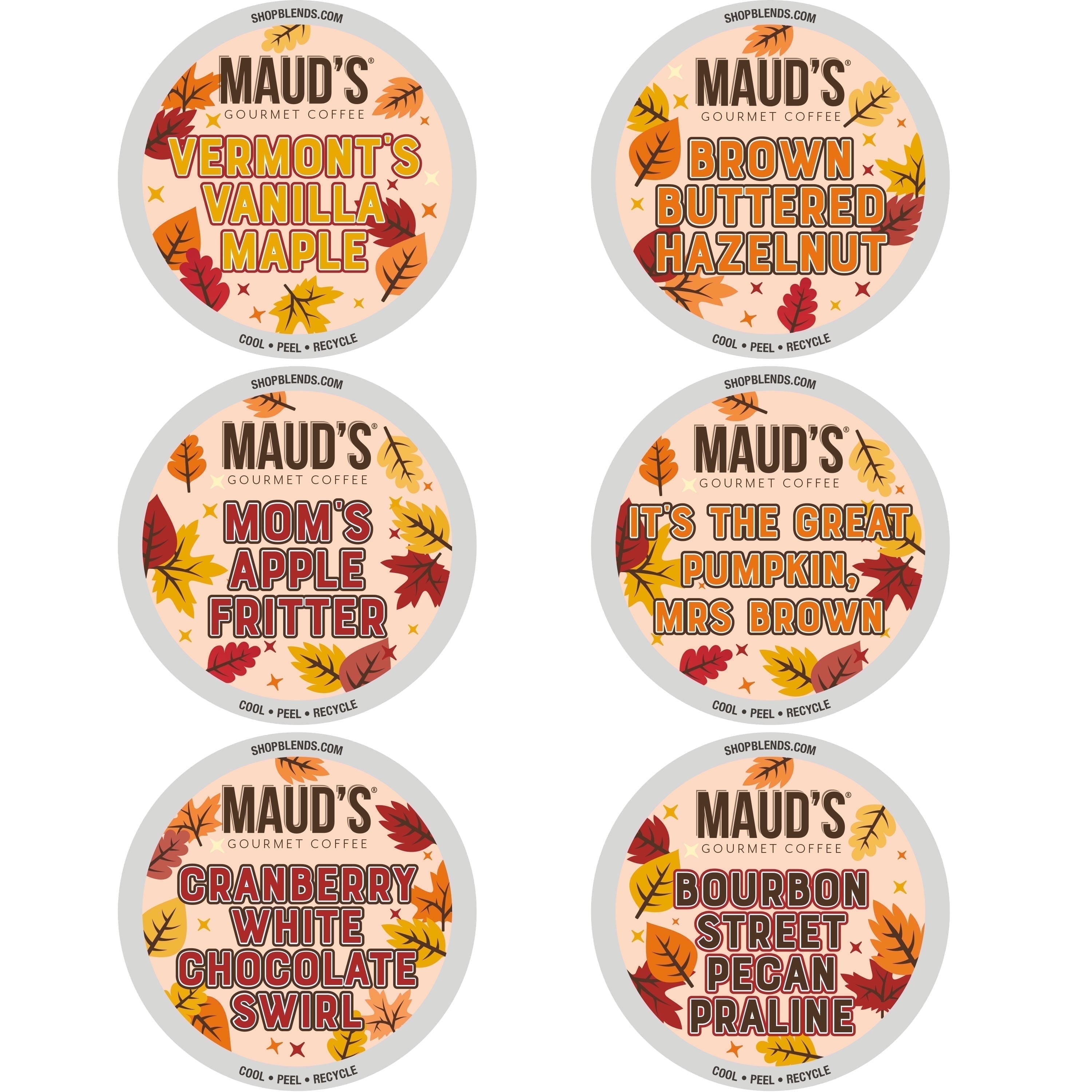 Maud's Fall Flavored Coffee Pods Variety Pack, 24ct, 6 Assorted Flavors, Medium Roast Coffee in Recyclable Single Serve Pods 100% Arabica Beans, Compatible with Keurig K Cups Maker
