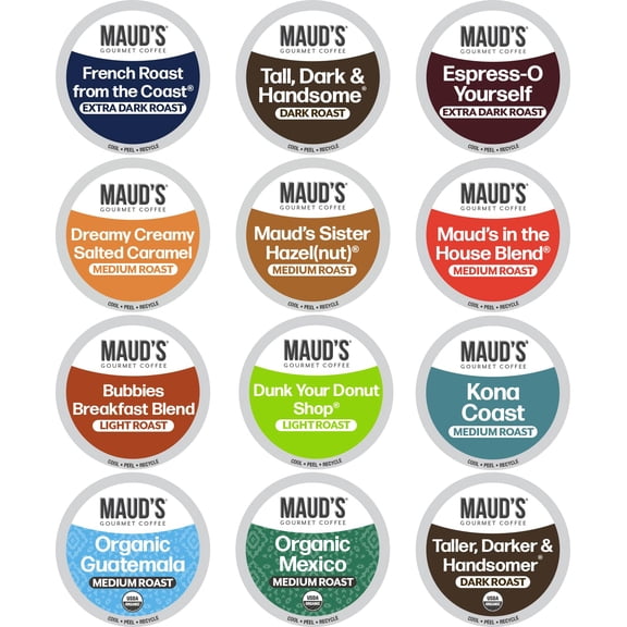 Maud's Family Pack Coffee Pods Variety Pack, 136 ct, 12 Assorted Flavors, Medium Roast Single Serve Pods 100% Arabica Coffee, Compatible with Keurig K Cups Maker
