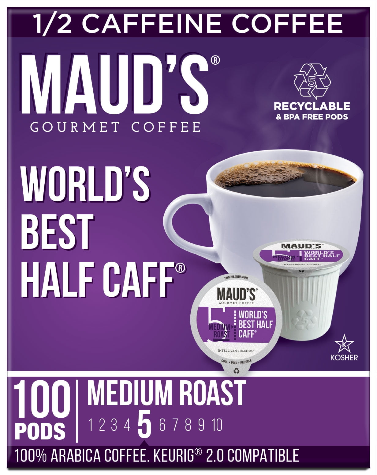 Maud's Half Caff Coffee (World's Best Half Caff), 100ct. Solar Energy Produced Recyclable Single Serve Medium Roast Half Caff Coffee Pods 100% Arabica Coffee California Roasted, KCup Compatible