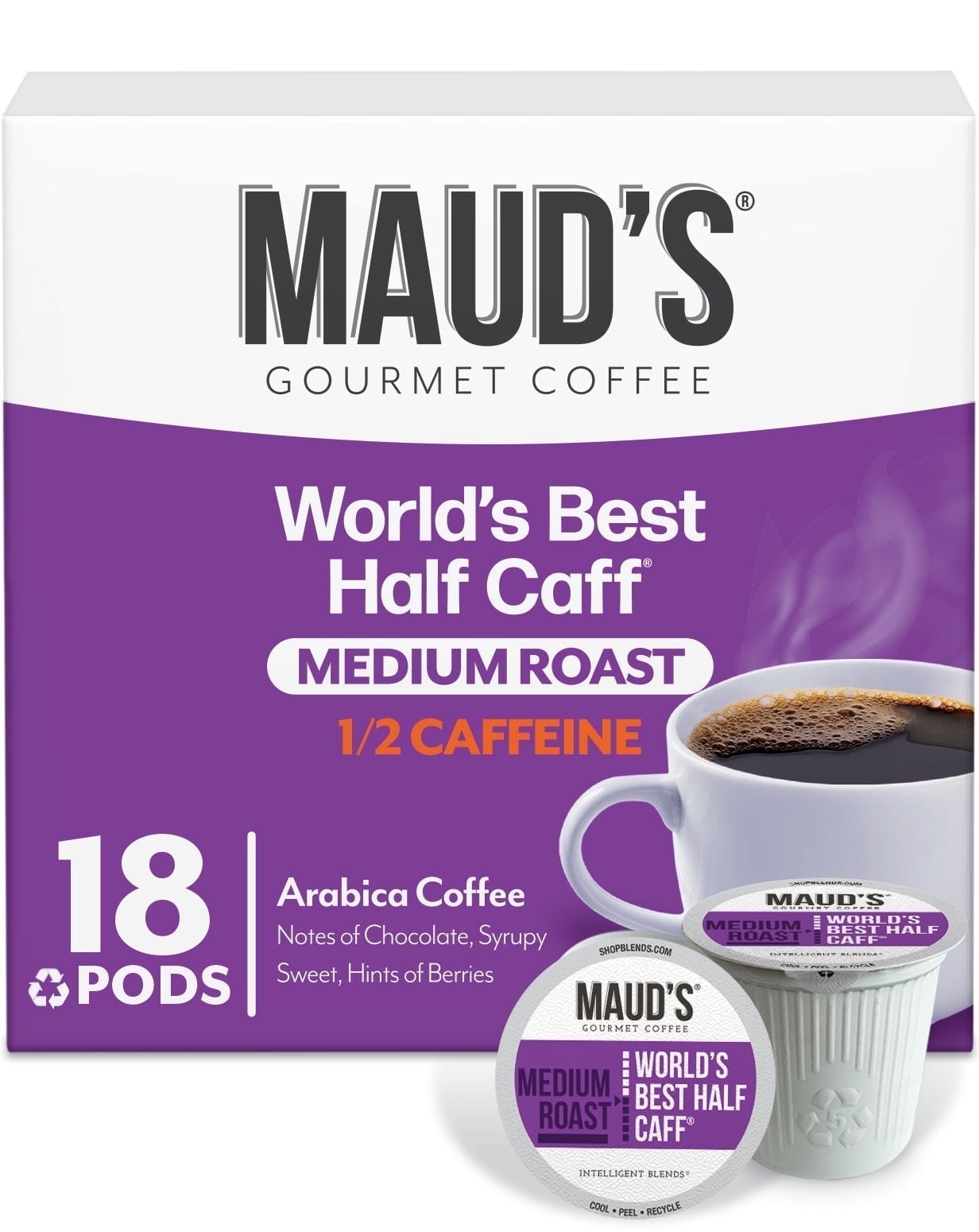 Maud's Half Caff Coffee Pods, 18 ct, Medium Roast Coffee in Recyclable Single Serve Pods 100% Arabica Coffee, Compatible with Keurig K Cups Maker