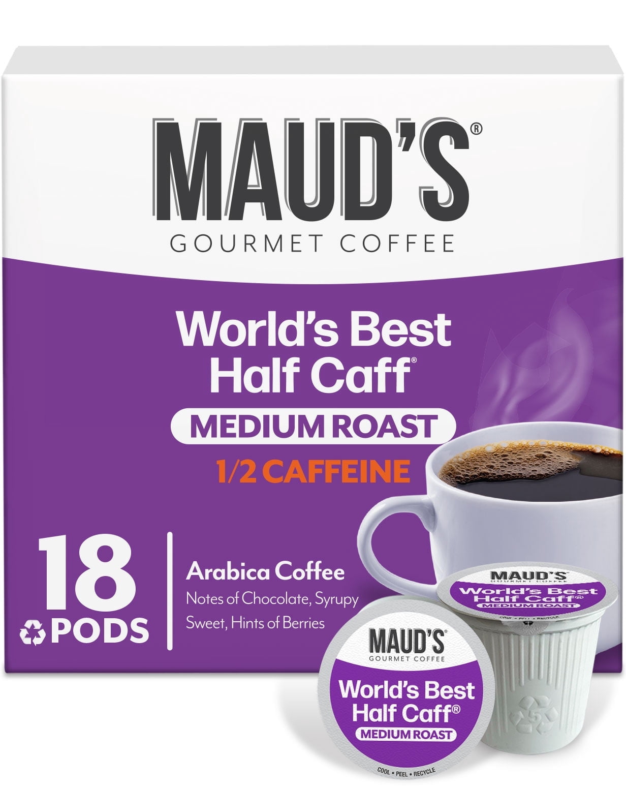 Maud's Half Caff Coffee Pods, 18 ct, Medium Roast Coffee in Single Serve Pods – 100% Arabica Coffee, Compatible with Keurig K Cups Maker