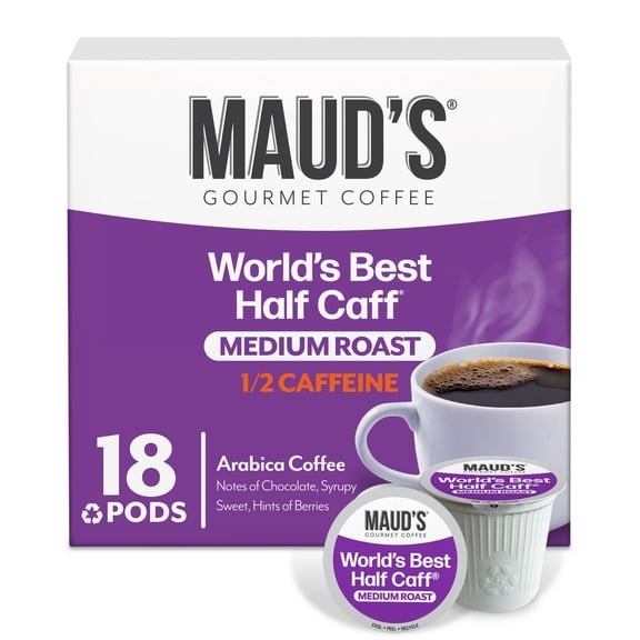 Maud's Half Caff Coffee Pods, 18 ct, Medium Roast Coffee in Single Serve Pods – 100% Arabica Coffee, Compatible with Keurig K Cups Maker