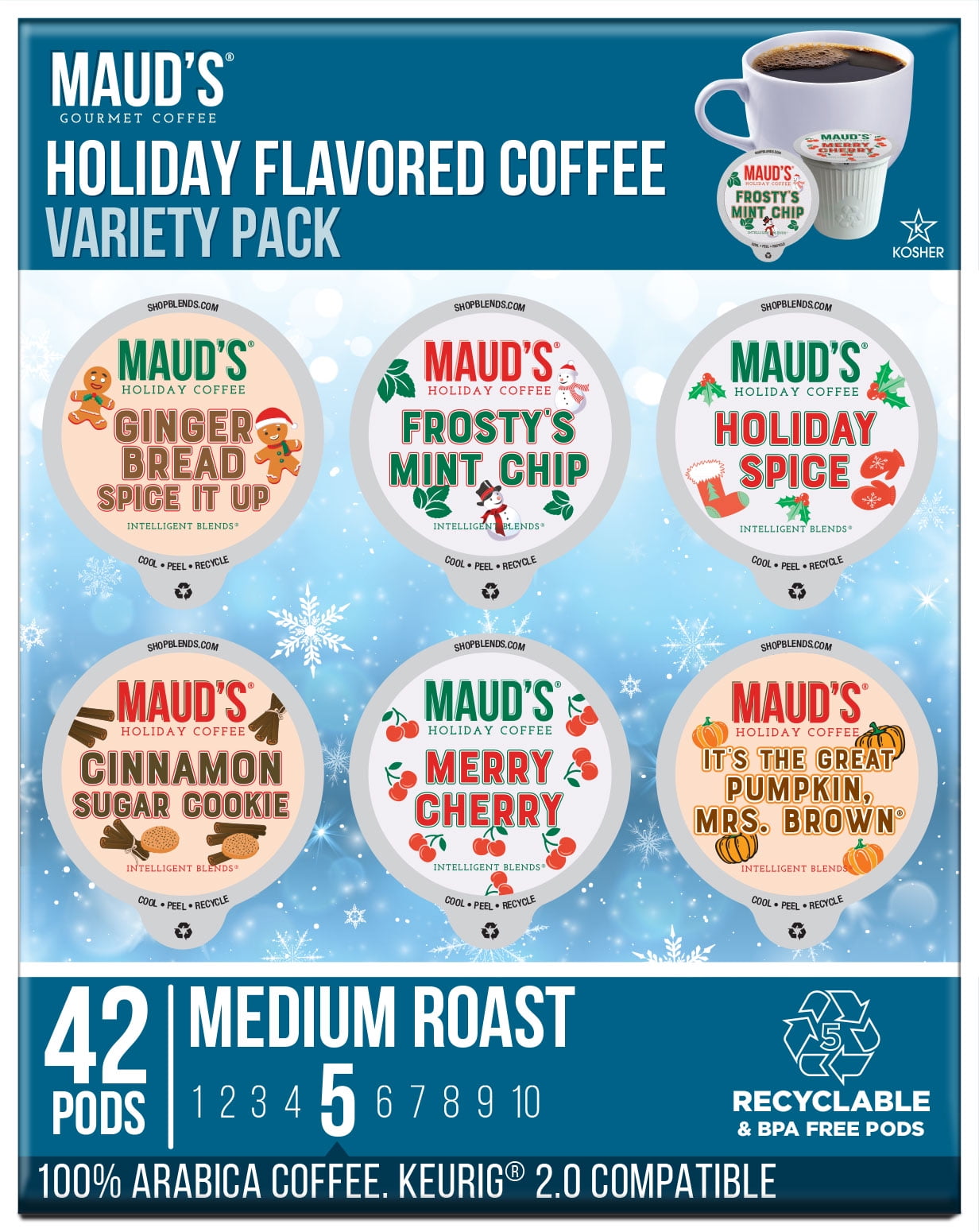 Maud's Holiday Flavored Coffee Variety Pack, Compatible w/ K-Cup Brewers, 42ct