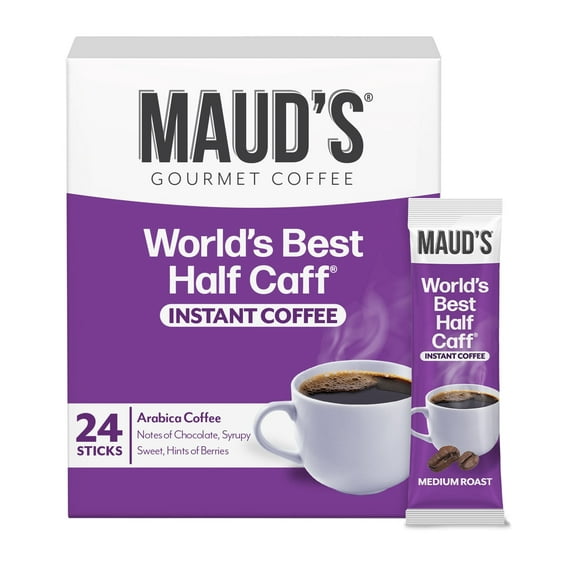 Maud's Half Caffeine Instant Coffee, 24 ct, 100% Arabica Coffee, Medium Roast, Instant Hot or Iced Coffee - Just add water