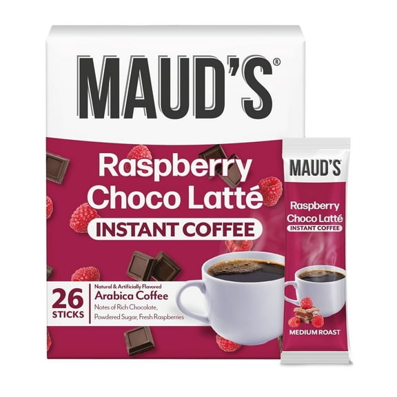 Maud's Raspberry Chocolate Flavored Instant Coffee, 26 ct, 100% Arabica Coffee, Medium Roast, Instant Hot or Iced Coffee - Just add water
