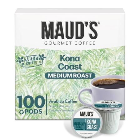 Maud's Kona Coffee Pods, 100 ct, Medium Roast Coffee in Recyclable Single Serve Pods – 100% Arabica Coffee, Compatible with Keurig K Cups Maker