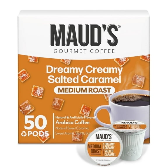 Maud's Salted Caramel Flavored Coffee Pods, 50ct, Medium Roast Flavored Coffee in Recyclable Single Serve Pods 100% Arabica Beans, Compatible with Keurig K Cups Maker
