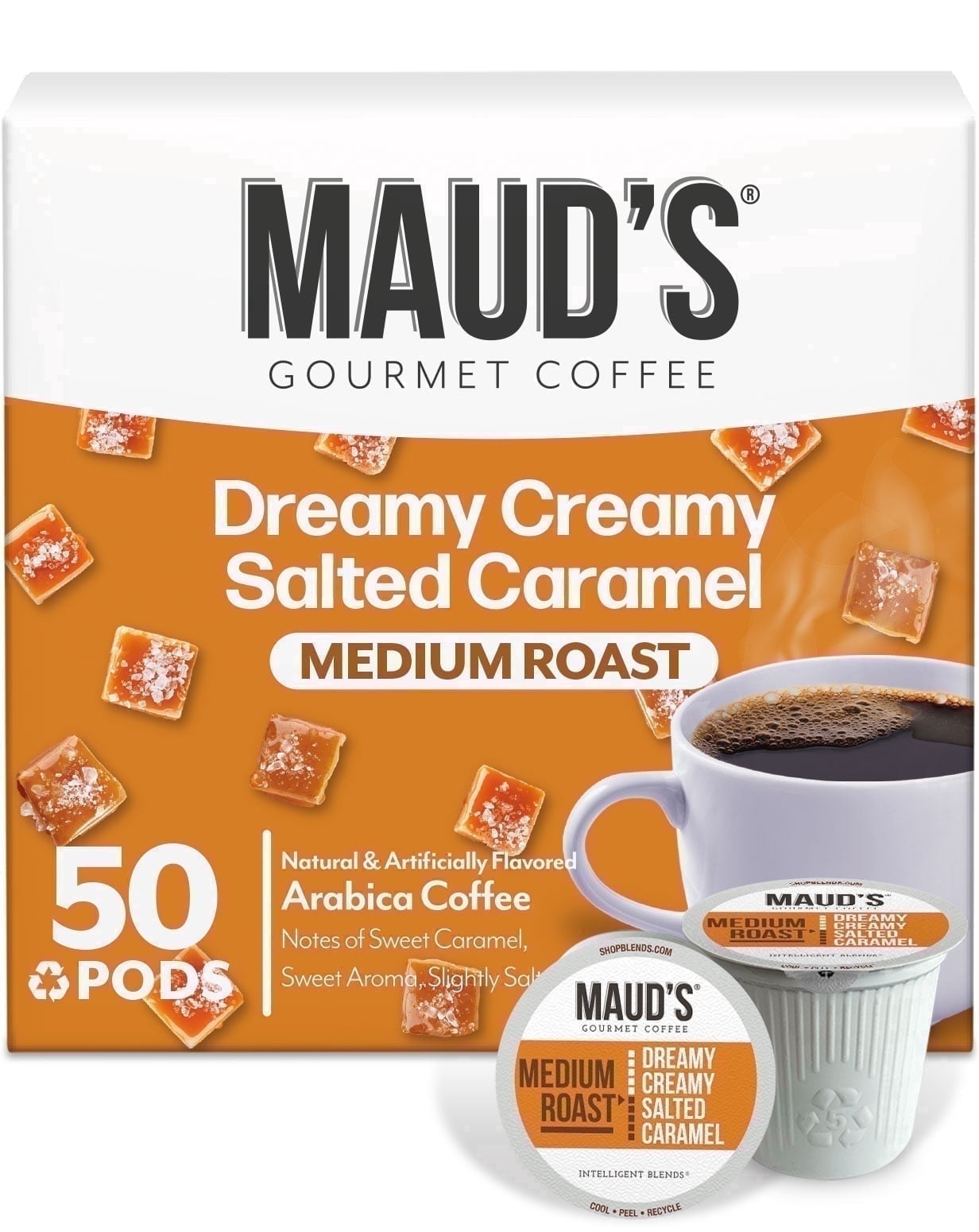 Maud's Salted Caramel Flavored Coffee Pods, 50ct, Medium Roast Flavored Coffee in Single Serve Pods – 100% Arabica Beans, Compatible with Keurig K Cups Maker