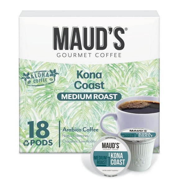 Maud's Kona Coffee Pods, 18 ct, Medium Roast Coffee in Recyclable Single Serve Pods  100% Arabica Coffee, Compatible with Keurig K Cups Maker