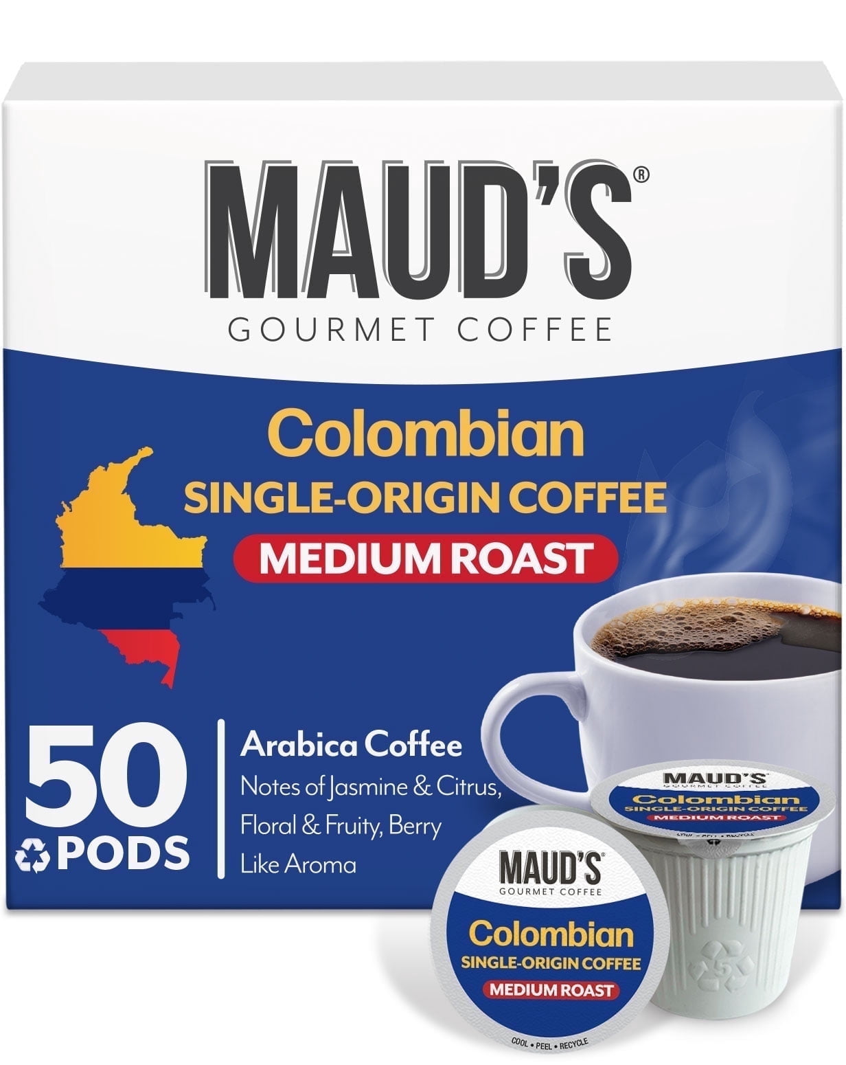 Maud's Colombian Coffee Pods, 50 ct, Single Origin, Medium Roast Coffee in Single Serve Pods – 100% Arabica Beans, Compatible with Keurig K Cups Maker