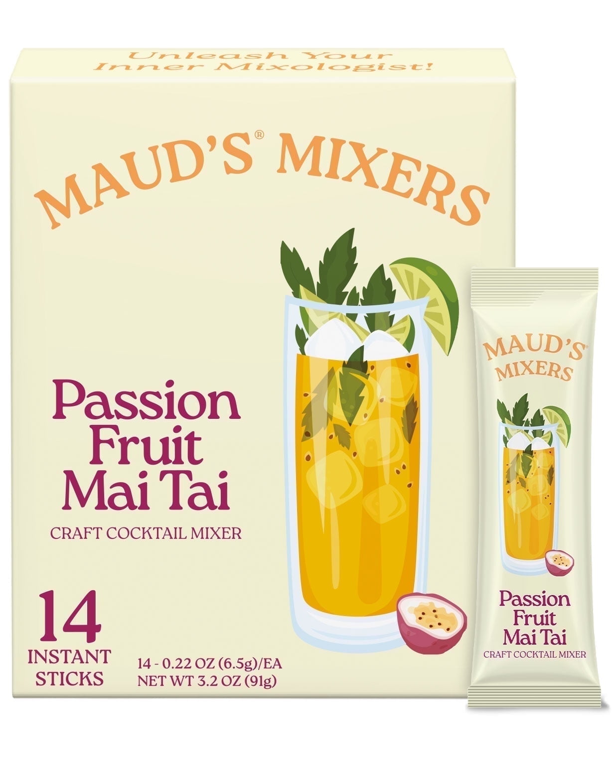 Maud's Mixers Passion Fruit Mai Tai Cocktail Mix, 14 ct, Mocktail Non-Alcoholic Drinks - Made with Real Fruit and Agave - Low Calorie, Low Sugar, Easy to Mix