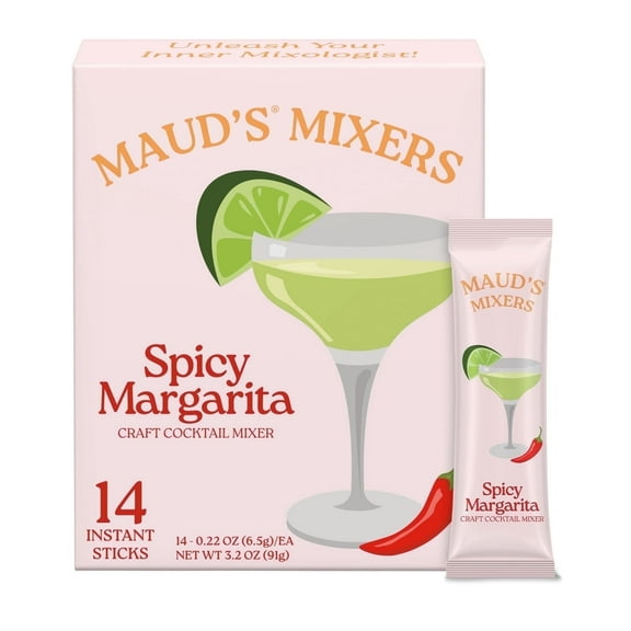 Maud's Mixers Spicy Margarita Cocktail Mix, 14 ct, Mocktail Non-Alcoholic Drinks - Made with Real Agave - Low Calorie, Low Sugar, Easy to Mix