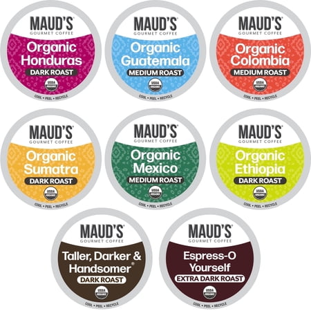 Maud's Organic Coffee Pods Variety Pack, 56 ct, 8 Assorted Flavors, Single Serve Pods – 100% Arabica Coffee, Compatible with Keurig K Cups Maker