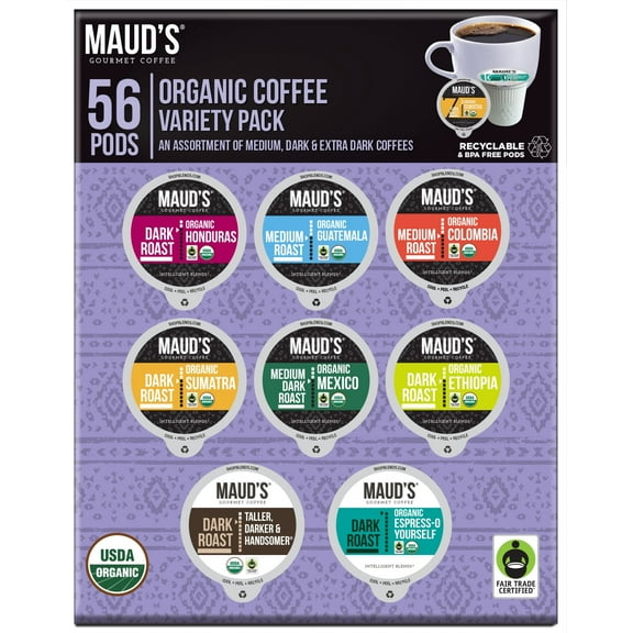 Maud's Organic Coffee Pods Variety Pack, Compatible w/ K-Cup Brewers, 56ct