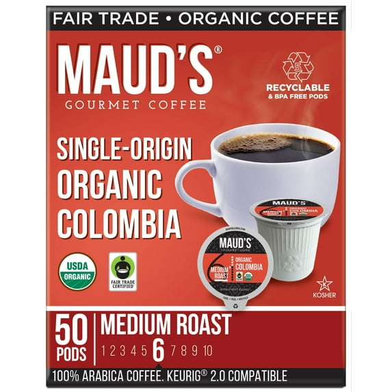 Maud's Organic Colombian Coffee, Medium Roast Coffee, Compatible w/ K-Cup Brewers, 50ct