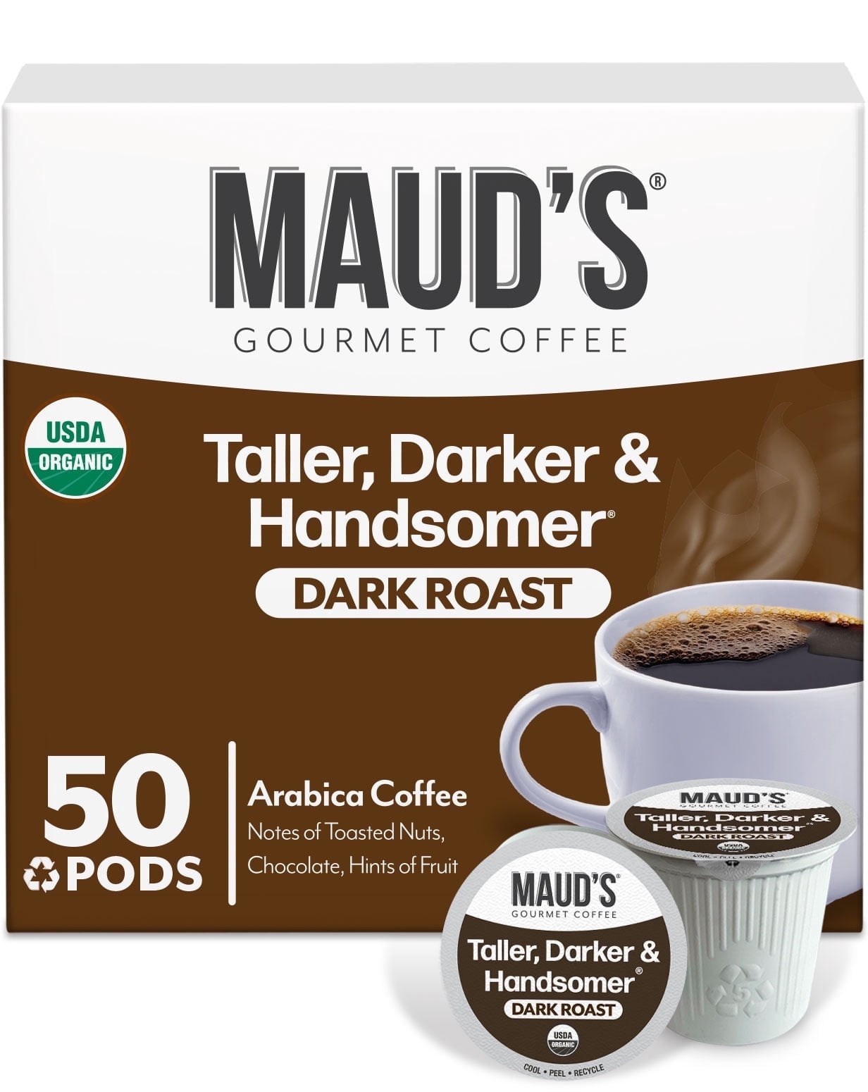 Maud's Organic Dark Roast Coffee Pods, 50 ct, Fair Trade & Single Origin Single Serve Pods – 100% Arabica Coffee, Compatible with Keurig K Cups Maker