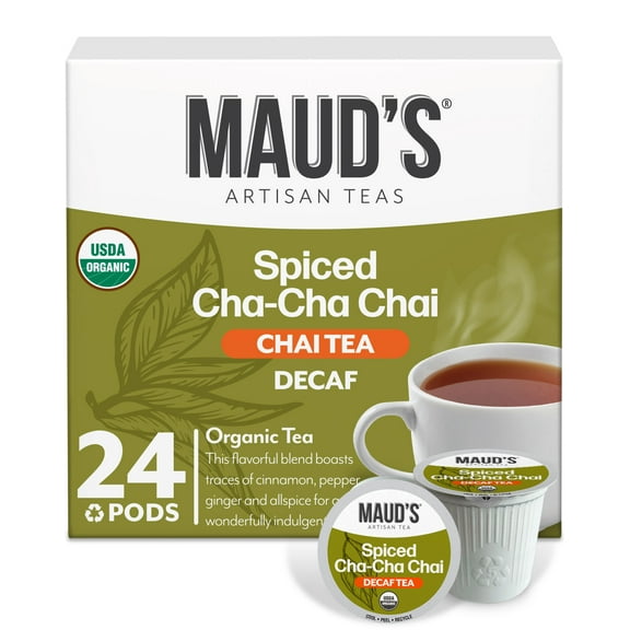 Maud's Organic Decaf Chai Tea Pods, 24 ct, Recyclable Single Serve Tea Pods  100% Gourmet Blended Tea Leaves, Compatible with Keurig K Cups Maker