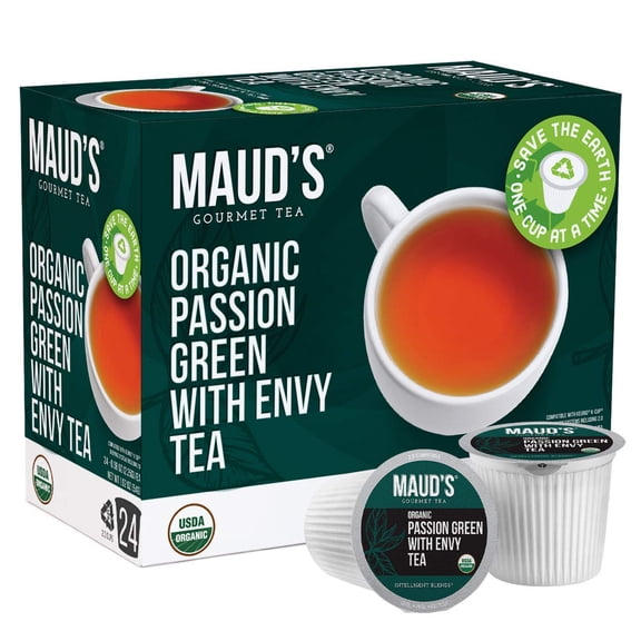 Maud's Organic Passion Green Tea Pods, 24 ct, Single Serve Tea Pods 100% Gourmet Blended Tea Leaves, Compatible with Keurig K Cups Maker