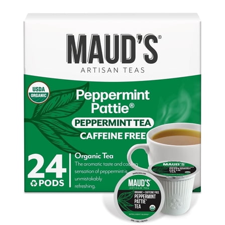 Maud's Organic Peppermint Tea Pods, 24 ct, Recyclable Single Serve Pods – 100% Gourmet Blended Tea Leaves, Compatible with Keurig K Cups Maker