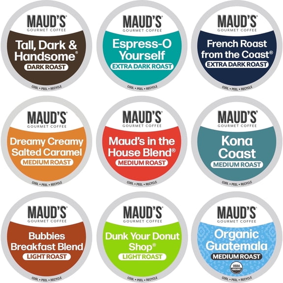 Maud's Original Flavored Coffee Pods Variety Pack, 80 ct, 9 Assorted Roasts, Dark & Medium Roast Coffee in Single Serve Pods – 100% Arabica Beans, Compatible with Keurig K Cups Maker