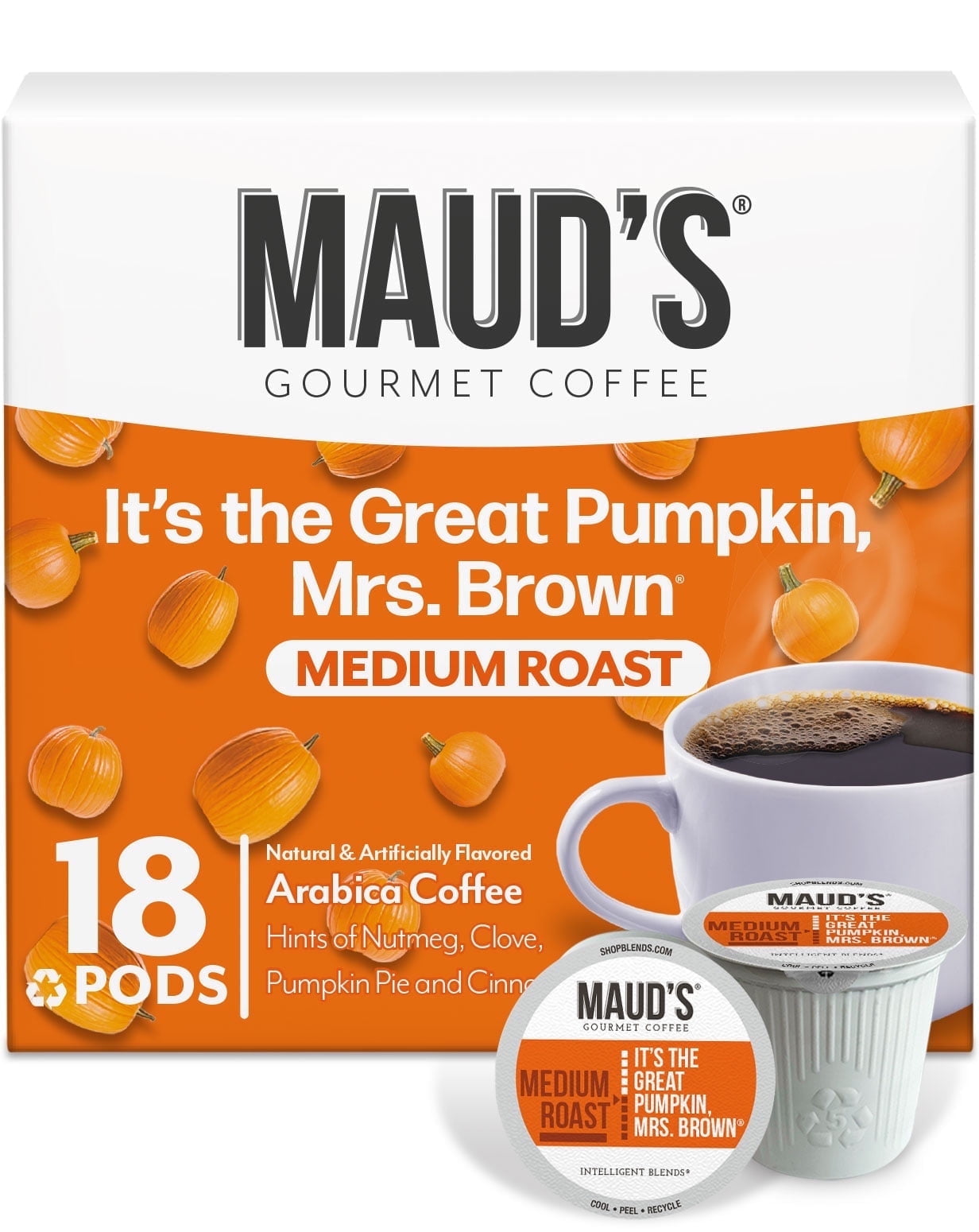 Maud's Pumpkin Spice Coffee Pods, Great Pumpkin Mrs. Brown, Compatible w/ K-Cup Brewers, 18ct