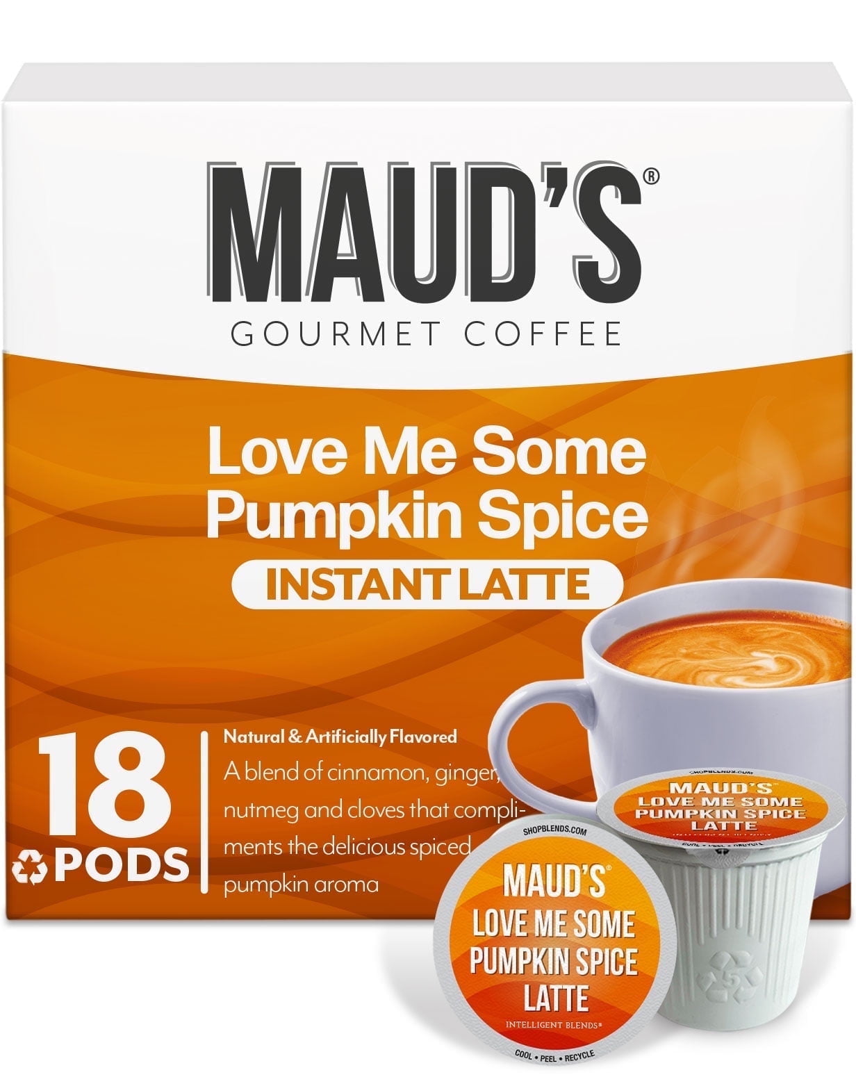 Maud's Pumpkin Spice Latte Pods, Love Me Some Pumpkin Spice, Compatible w/ K-Cup Brewers, 18ct
