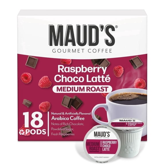Maud's Raspberry Chocolate Flavored Coffee Pods, 18 ct, Medium Roast Flavored Coffee in Single Serve Pods  100% Arabica Coffee, Compatible with Keurig K Cups Maker