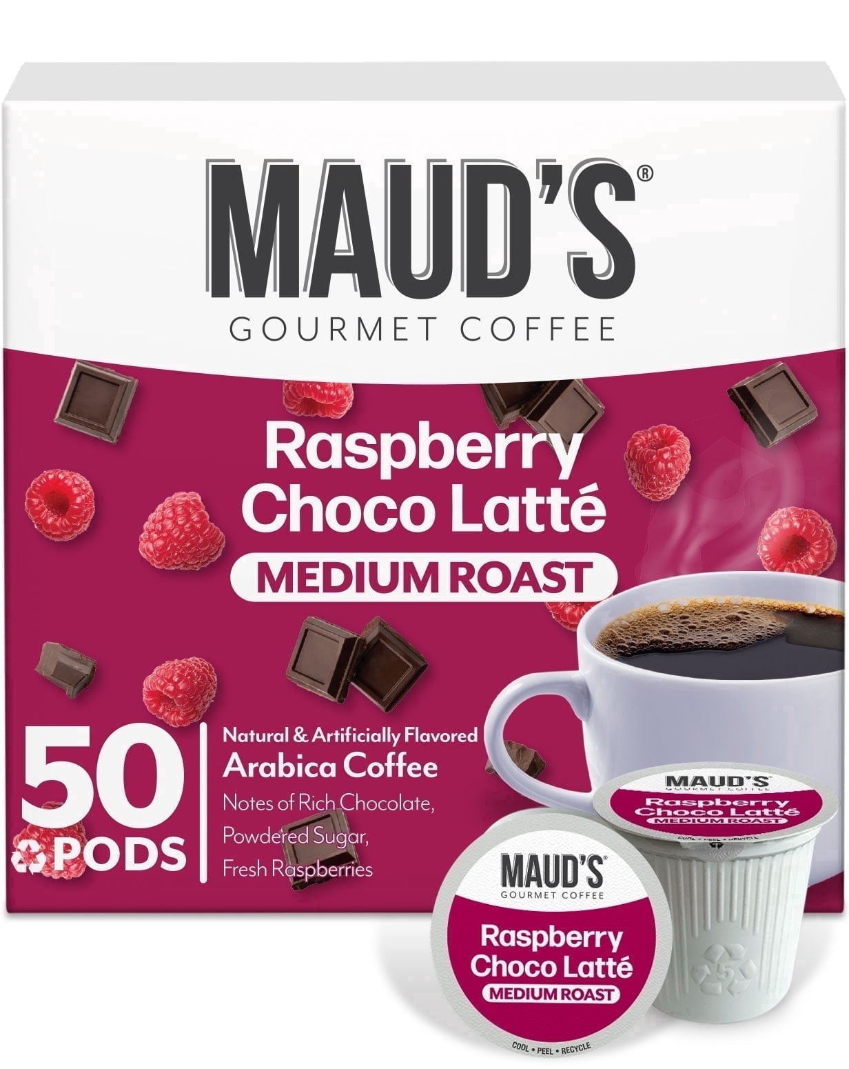 Maud's Raspberry Chocolate Flavored Coffee Pods, 50 ct, Medium Roast Flavored Coffee in Single Serve Pods – 100% Arabica Beans, Compatible with Keurig K Cups Maker