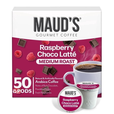 Maud's Raspberry Chocolate Flavored Coffee Pods, 50 ct, Medium Roast Flavored Coffee in Single Serve Pods – 100% Arabica Beans, Compatible with Keurig K Cups Maker
