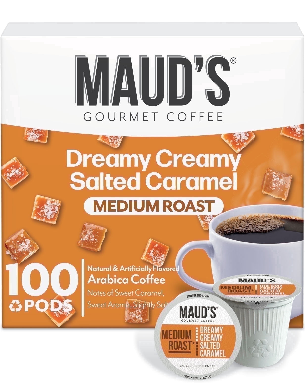 Maud's Salted Caramel Flavored Coffee Pods, 100 ct, Medium Roast Flavored Coffee in Single Serve Pods – 100% Arabica Beans, Compatible with Keurig K Cups Maker