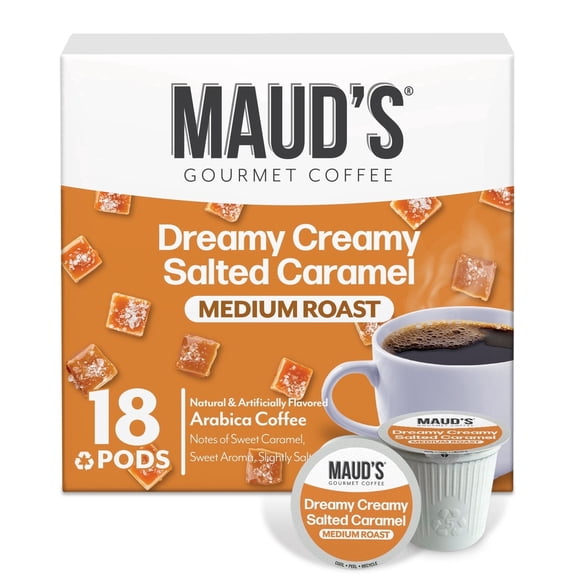 Maud's Salted Caramel Flavored Coffee Pods, 18 ct, Medium Roast Flavored Coffee in Single Serve Pods 100% Arabica Beans, Compatible with Keurig K Cups Maker