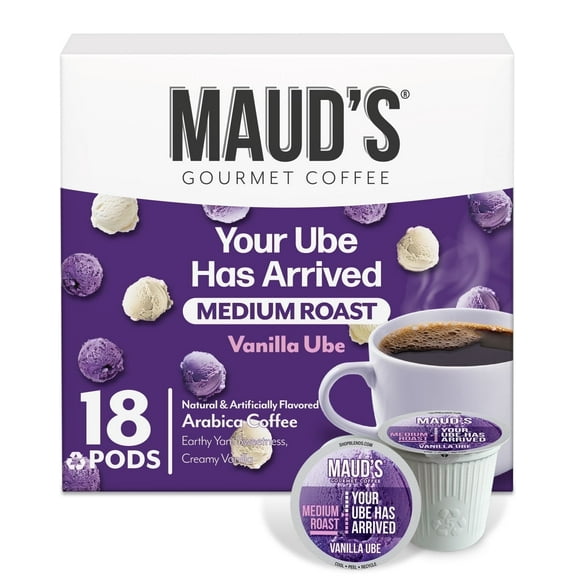 Maud's Vanilla Ube Flavored Coffee Pods, 18 ct, Medium Roast Flavored Coffee in Recyclable Single Serve Pods – 100% Arabica Coffee, Compatible with Keurig K Cups Maker