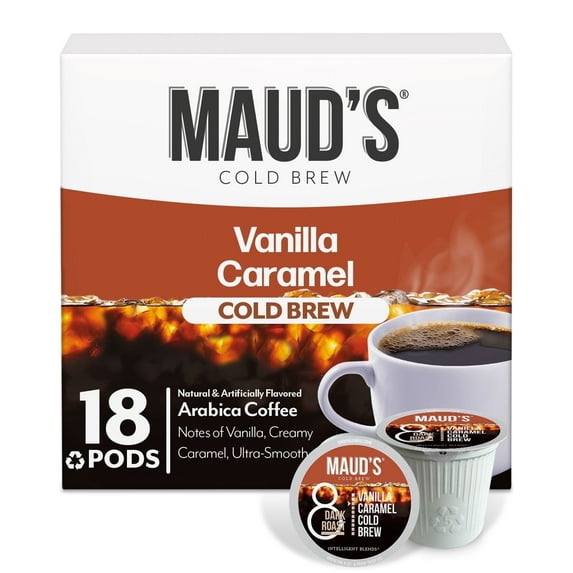 Maud's Vanilla Caramel Flavored Cold Brew Coffee Pods, 18 ct, Dark Roast Flavored Coffee in Recyclable Single Serve Pods – 100% Arabica Beans, Compatible with Keurig K Cups Maker