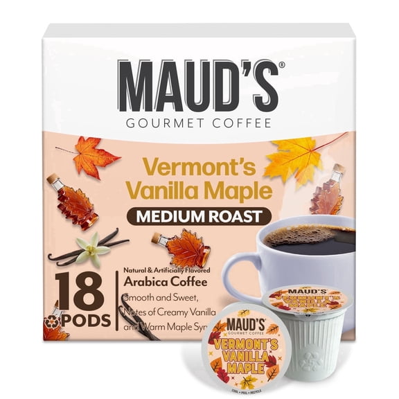Maud's Vermont's Vanilla Maple Flavored Coffee Pods, 18 ct, Medium Roast Flavored Coffee in Single Serve Pods – 100% Arabica Beans, Compatible with Keurig K Cups Maker