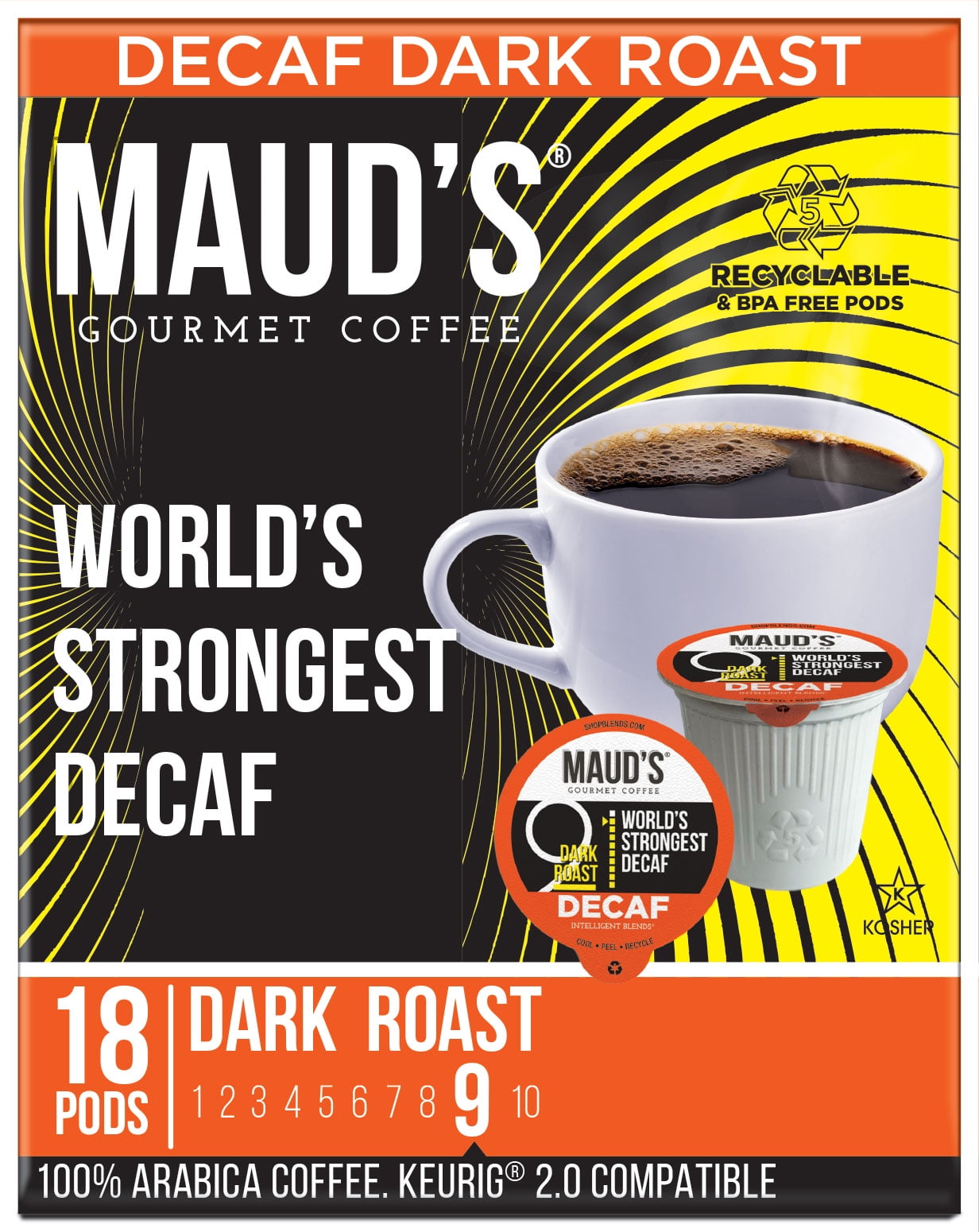 Maud's World's Strongest Dark Roast Decaf Coffee, 18ct. Solar Energy Produced Recyclable Single Serve Decaf Dark Roast Coffee Pods, 100% Arabica Coffee California Roasted, KCup Compatible