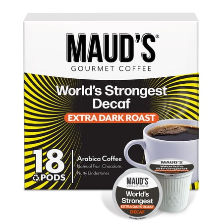 Maud's World's Strongest Decaf Coffee Pods, 18 ct, Decaffeinated Dark Roast Coffee in Recyclable Single Serve Pods – 100% Arabica Coffee, Compatible with Keurig K Cups Maker