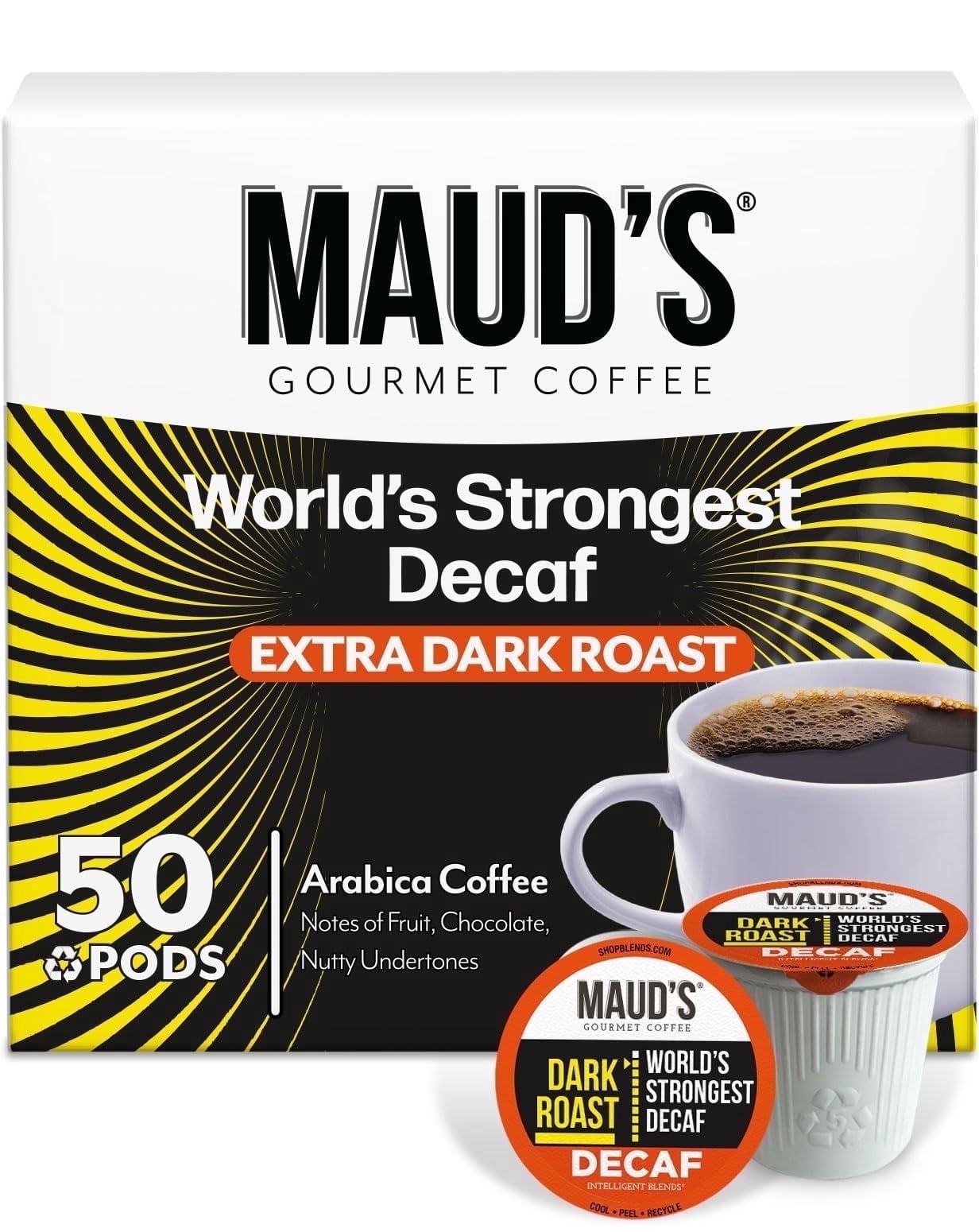 Maud's World's Strongest Decaf Coffee Pods, 50ct, Decaffeinated Dark Roast Coffee in Single Serve Pods – 100% Arabica Beans, Compatible with Keurig K Cups Maker