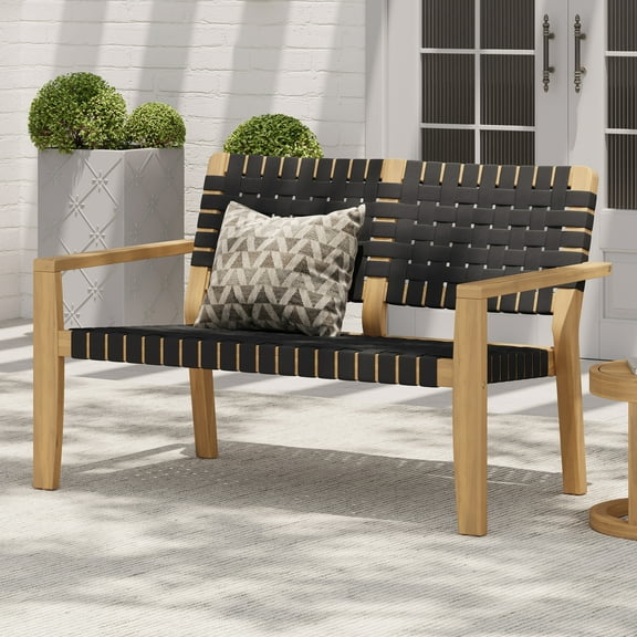 Maude Classic Outdoor Patio Loveseat with Rope Weaving, Garden Bench with Solid Wood Frame, Black
