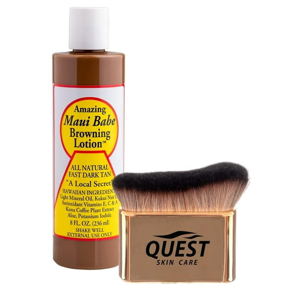 Maui Babe Browning Lotion 8oz with Body Tanning Brush - Sun Tanning Lotion - Tanning Accelerator - Water Resistant Browning Lotion - Tanning Lotion Outdoor - Cruelty-Free - All Natural Fast Dark Tan