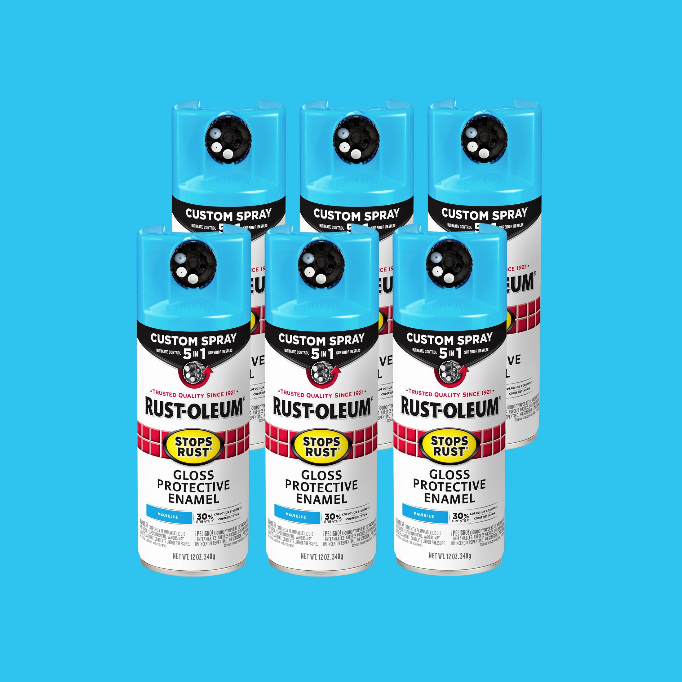 6 Pack, Maui Blue, Rust-Oleum Stops Rust Custom Spray 5 in 1 Gloss