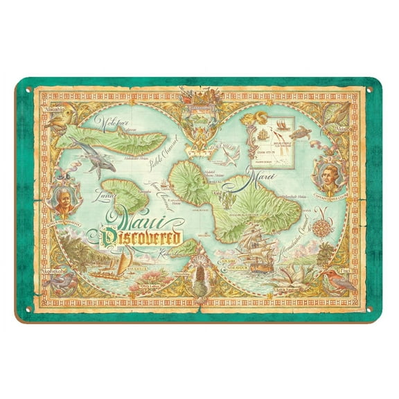 Maui Discovered - Map of the Hawaiian Islands of Maui Lana’i Moloka’i - Vintage Hawaiian Colored Cartographic Map by Dave Stevenson - 8 x 12 inch Vintage Wood Art Sign
