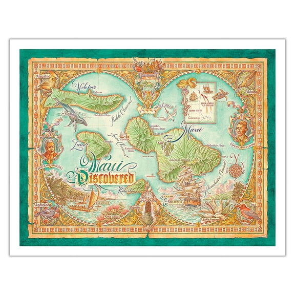 Maui Discovered - Map of the Hawaiian Islands of Maui Lana’i Moloka’i - Vintage Hawaiian Colored Cartographic Map by Dave Stevenson - Fine Art Matte Paper Print (Unframed) 11x14in