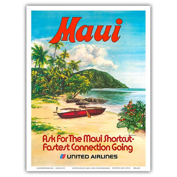 Maui Hawaii - Hawaiian Outrigger Canoe (Wa’a) - United Airlines - Vintage Hawaiian Travel Poster by Albert Hollenback c.1970s - Master Art Print (Unframed) 9in x 12in