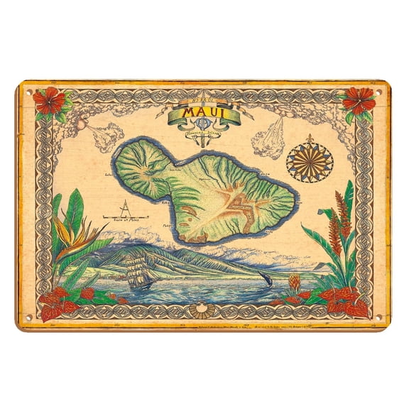 Maui Hawaii No Ka 'Oi (Maui is the Best) - Vintage Pictorial Map by Steve Strickland - 8 x 12 inch Vintage Wood Art Sign