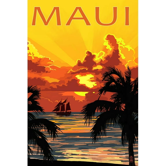 Maui, Hawaii, Sunset and Ship (9x12 Wall Art Print, Home Decor)