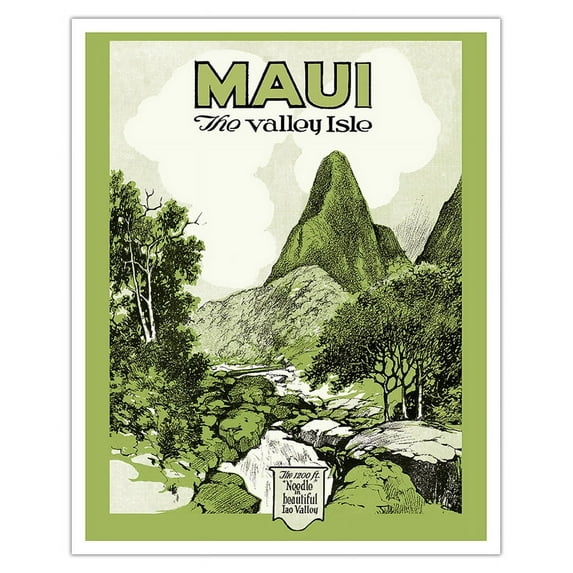Maui Hawaii - The Valley Isle - Iao Valley Needle - Vintage Travel Poster c.1929 - Fine Art Matte Paper Print (Unframed) 16x20in