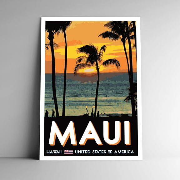 Maui Hawaii Vintage Travel Poster / Postcard WPA Style Retro USA Beach Palm Trees